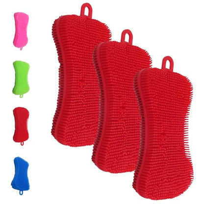 Gadgetime USA Silicone Dish Sponge - Dishwashing Kitchen Scrubber - Double Sided Sponge Brush - Multipurpose & Reusable Silicone Dish Sponges for Dishes, Fruits & Vegetables Cleaning - Red (3 Pack) - color: Red