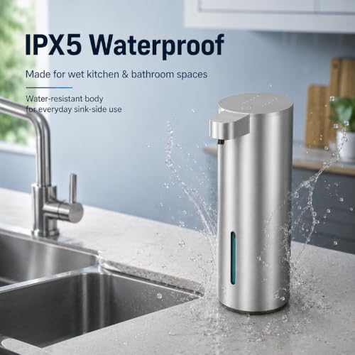 XINKORA Stainless Steel Automatic Soap Dispenser for Dish & Hand Soap, Touchless Sensor Pump, 4 Adjustable Levels, USB-C Rechargeable, 350mL, Wall Mount or Countertop for Kitchen & Bathroom