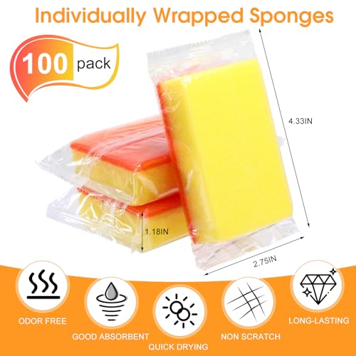 Tioncy 100 Pcs Individually Wrapped Sponges Bulk Kitchen Orange Non Scratch Scrub Sponges Dual Sided Cleaning Scrubber for Household Washing Dishes, Pots, Pans, Sinks, Stoves, Appliances, Car, Bike - color: Orange