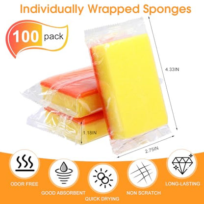 Tioncy 100 Pcs Individually Wrapped Sponges Bulk Kitchen Orange Non Scratch Scrub Sponges Dual Sided Cleaning Scrubber for Household Washing Dishes, Pots, Pans, Sinks, Stoves, Appliances, Car, Bike - color: Orange