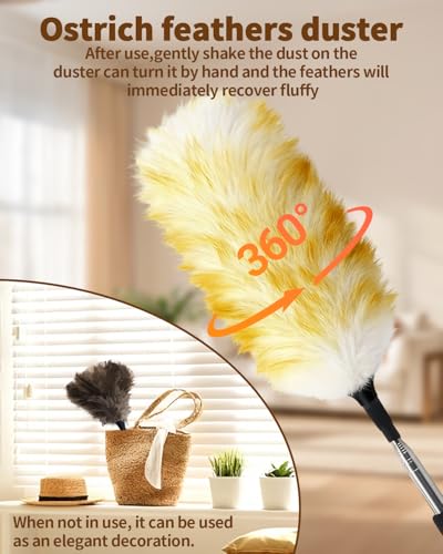 Extendable Ostrich Feather Duster with Bonus Wool Feather Duster Head - Natural Fluffy Non-Slip Handle Feathers Dusters for Cleaning Ceiling Fans, Blinds, Roof Dusting, High Surfaces (18-48 in) - color: Ostrich Feather Color+wool Color
