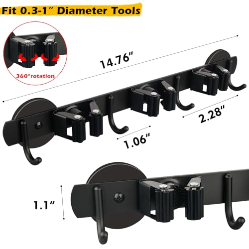 MUTUACTOR Magnetic Broom Holder,Anti-slip Heavy Duty Broom and Mop Hanger Metal Tool Holder 3 Racks and 4 Hooks for Laundry Garage Kitchen Factories Workshops Organization and Storage(1 Set) - style: Heavy Duty,New Black,3 Hooks 4 Slots