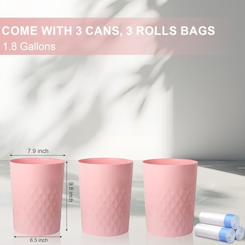 JiatuA 3 Pack Small Trash Can with Trash Bags Bathroom Garbage Bin Round Plastic Waste Basket for Kitchen, Bedroom, Office, College Dorm, Craft Room, Pink - color: Pink