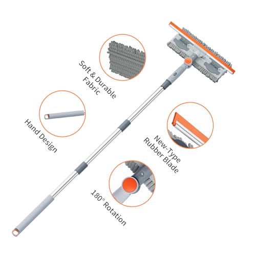 6.4FT Extendable 2-in-1 Window Squeegee & Scrubber with Long Handle, 180° Adjustable Head, Streak-Free Silicone Blade, Multi-Purpose Glass Cleaning Tool for High Windows, Mirrors & Car Windshields - color: Gray/Orange