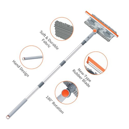 6.4FT Extendable 2-in-1 Window Squeegee & Scrubber with Long Handle, 180° Adjustable Head, Streak-Free Silicone Blade, Multi-Purpose Glass Cleaning Tool for High Windows, Mirrors & Car Windshields - color: Gray/Orange