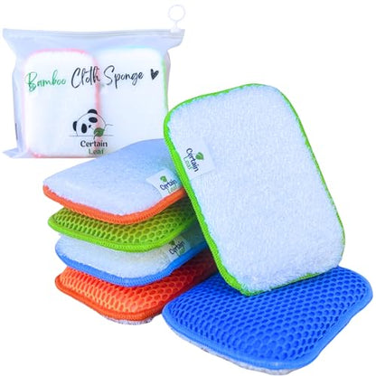 Kitchen Dish Sponge Set, Dual Sided with Rayon derived from Bamboo and Mesh, Non Scratch Kitchen Cleaning Sponge Extra Absorbent Dish Sponge with Long Lasting Durable Scrubber, 6 Pack