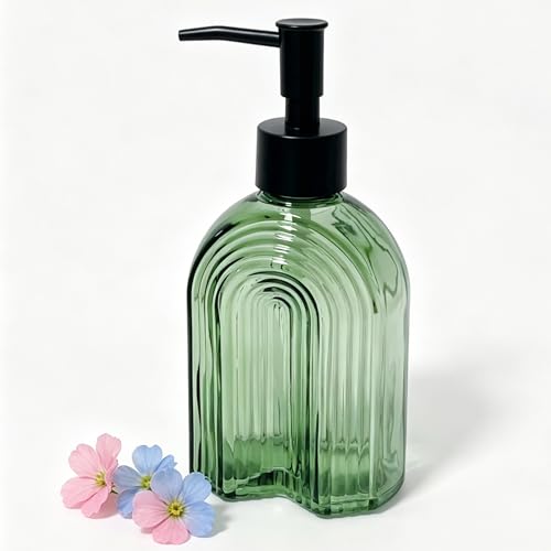 Black Pump Glass Soap Dispenser, 12oz Green Stripe Countertop Refillable Liquid Bottle Hand Dish Lotion Dispenser with Plastic Pump, for Kitchen, Bathroom Countertop - color: Green B