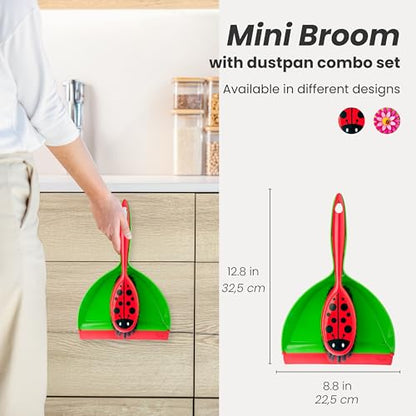 Vigar Flower Power Dust Pan and Brush Set - Mini Broom and Dustpan, Handheld Broom and Dustpan Set with Whisk Broom, Small Dustpan & Brush Set, Compact Indoor Sweeper for Countertop - Green Red Black - color: Ladybug
