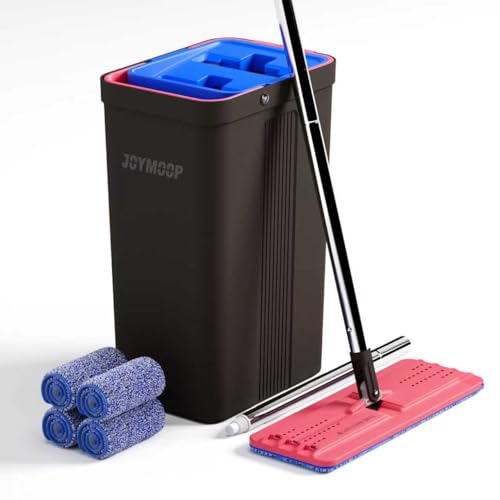 JOYMOOP Mop and Bucket with Wringer Set, Hands Free Flat Floor Mop and Bucket, with 4 Washable Microfiber Pads, Wet and Dry Use, Floor Cleaning System - Black+Red+Slate Blue - color: Black & Red & Slate Blue, size: Bucket #2124 + 60" Flat Mop + 4 Pads