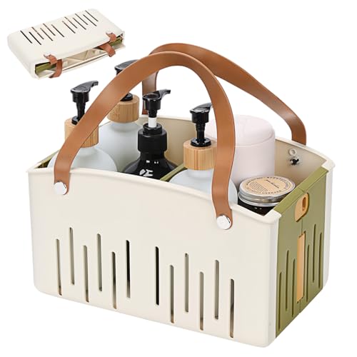 Portable Shower Caddy Collapsible Plastic Shower Basket Tote with Handles Removable Divider, Cleaning Caddy Storage Organizer for Bathroom College Dorm (Green) - color: Green
