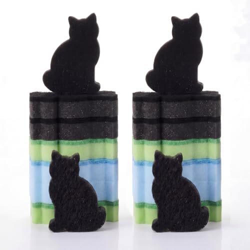 Tioncy 12 Pack Cat Shaped Double Sided Sponge Scrubbers, Cute Cat Dish Sponges, Reusable Non Scratch Kitchen Cleaning Sponges for Dishes, Pots, Sink and Household Cleaning (Black Green Blue) - color: Black, Green, Sky Blue, style: Cat