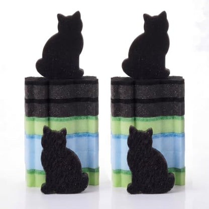 Tioncy 12 Pack Cat Shaped Double Sided Sponge Scrubbers, Cute Cat Dish Sponges, Reusable Non Scratch Kitchen Cleaning Sponges for Dishes, Pots, Sink and Household Cleaning (Black Green Blue) - color: Black, Green, Sky Blue, style: Cat