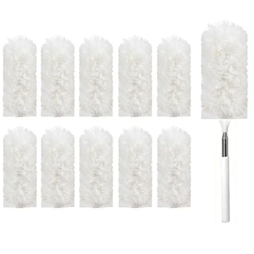 Heavy Duty Duster Refills, Disposable Dusters Kit for Cleaning Dusting Furniture Blind Ceiling Fan, Multi Surface 360 Feather Duster(10)+3FT Extended Handle（1） (White) - color: White