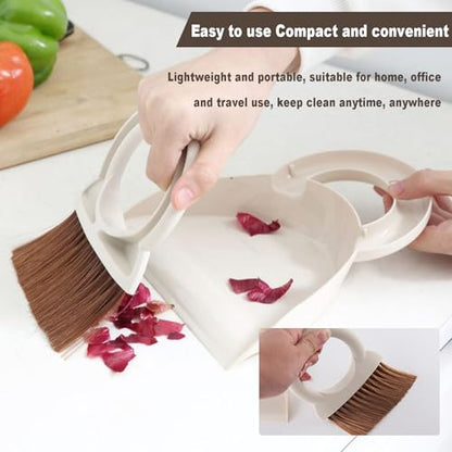 Round Handle Brush and Dustpan Set Small Broom & Dustpan Portable Handheld Sweeper for Desktop Sofa Floor Pet Nest (Off White) - color: Off White