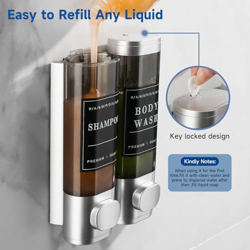 Shampoo and Conditioner Dispenser,Unisence Shower Dispenser 2 Chamber No Drill Wall-Mounted Shampoo Dispenser for Shower Wall Mounted Body Wash Dispenser for Bathroom Hotel Large Capacity,Silver - color: Matte Silver 2 Chamber