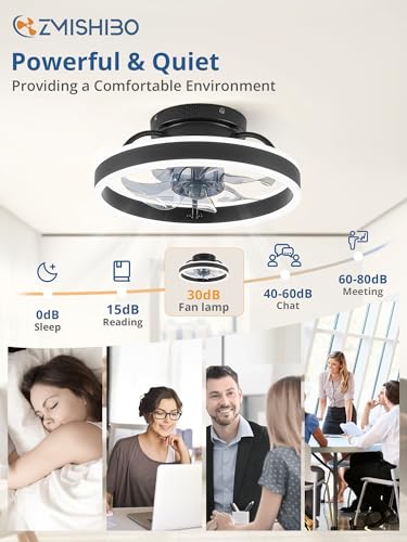 ZMISHIBO Low Profile Ceiling Fans with Lights and Remote, 13 Inch Fandelier Ceiling Fan with Light, Black Modern Flush Mount Ceiling Fan, Small Dimmable LED Fan Lights for Bedroom - color: Black, size: 13 INCH
