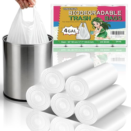 4 Gallon Small Trash-Bags With Handles - White 4 Gal Bathroom Mini Garbage Bags 100 Count 15 Liter Kitchen Car Office Unscented Biodegradable Little Wastebasket Liners Strong Thick Bulk Vincereon - color: 4 gallon White 100