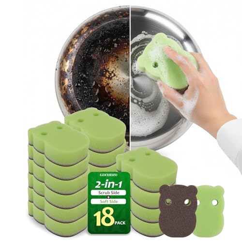 18 Pack Reusable Dish Sponges, Dual Sided Kitchen Scouring Pads | Dual-sided heavy duty sponges with scouring side for grease, cookware, sinks, grills, pots, pans, dishes, and daily cleaning.