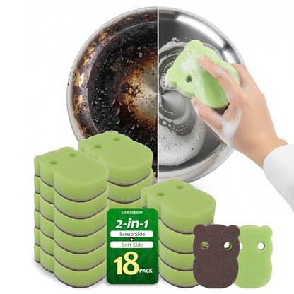 18 Pack Reusable Dish Sponges, Dual Sided Kitchen Scouring Pads | Dual-sided heavy duty sponges with scouring side for grease, cookware, sinks, grills, pots, pans, dishes, and daily cleaning.