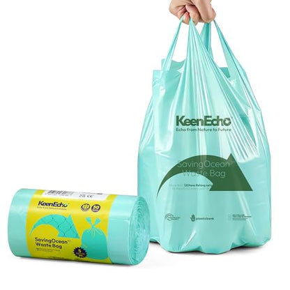 5 Gallon 50 Counts Small Green Trash Bags with Handle, Ocean Fishing Nets Upcycling, Sage & Sea Salt Scented, Plastic Garbage Bags, Waste Bag for Bathroom, Kitchen, Office and Pets - color: 5 Gal, size: 1 Roll