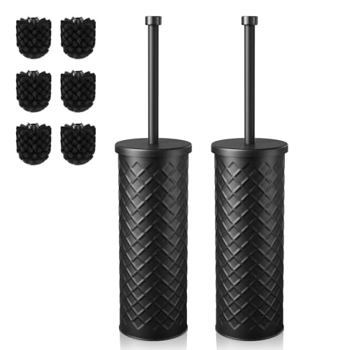 Toilet Bowl Brush and Holder Set 2 Pack with 4 Extra Brush Heads | Extra Long Handle with Splash Guard Cover, Tool-Free Installation, Bathroom Space-Saving, Cleaner Sets for Apartments, RV (Black) - color: Black