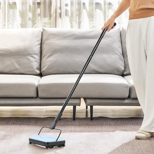 Carpet Sweeper Manual - Floor Sweeper for Home Office, 6.7" Cleaning Width, 300ml Dustbin, Pet Hair Removal, Cordless, Blue