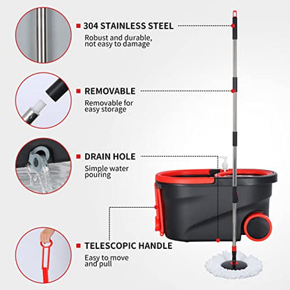 Mop and Bucket Set, 360° Spin Mop and Bucket with Wringer Set and 3 Microfiber Mop Refills, Stainless Steel 61'' Extended Handle Spinning Mop Bucket System for Floor Cleaning - color: Black-3