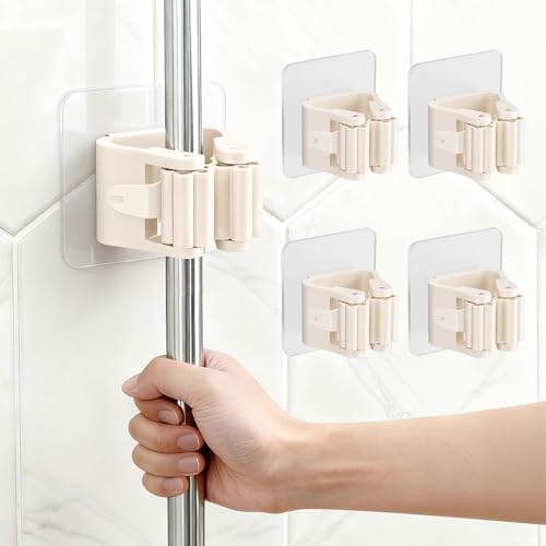 4Pcs Broom Holder Wall Mount Adhesive Mop Hanger No-Drill Strong Hold Hook Waterproof Mop and Broom Organizer Space Saving Storage Rack(White) - color: Beige