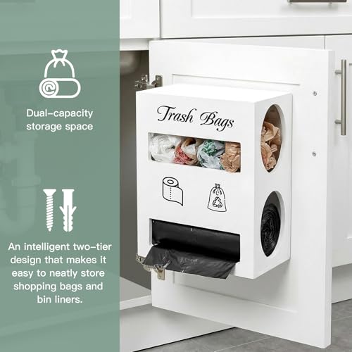 2 in 1 Trash Bag Dispenser, Double Wall Mounted,Wood Trash Bag Holder, used in kitchen, garage, laundry room, can store Environmentally friendly food bags and garbage bags (White/Large) - color: White/Large