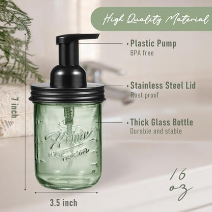 SheeChung Mason Jar Foaming Soap Dispenser, Stainless Steel Lid, BPA Free Pump, Green Glass Foam Hand Soap Dispenser, 16Oz Refillable Liquid Foam Dispenser Bottle for Bathroom Kitchen, Dish Soap-Black - color: Wide Mouth, Black-1 Pack