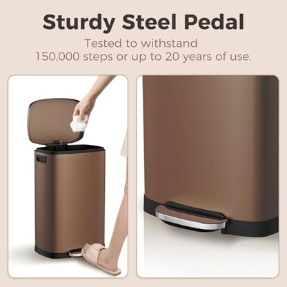 ELPHECO LPHECO Kitchen Trash Can with Lid Soft Close, 13 Gallon / 50L Stainless Steel Pedal Garbage Can, Heavy-Duty Step Wastebasket with 20 Bags, Removable Bucket, Home Office, Kitchen, Brown - color: Brown