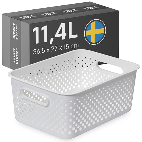 SmartStore Storage Basket with Handles in White 11.4L (36.5x27x15cm) | Plastic Storage Bin from Recycled Plastic | Essence L Storage Box fits A4 paper Storage with 10-year Warranty - color: White, size: L