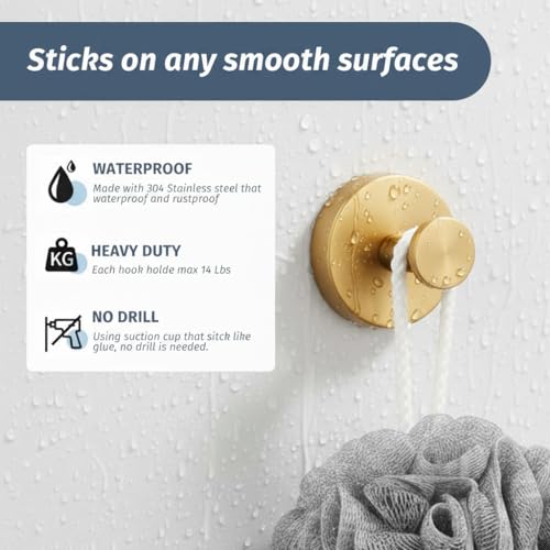 Rise age Suction Cup Gold Shower Hooks, Suction Towel Hooks for Bathrooms | Waterproof, No Drill, Heavy Duty, Stainless Steel, Removable, Renter Friendly, Easy to Install, Gold 4 Pcs - color: Gold