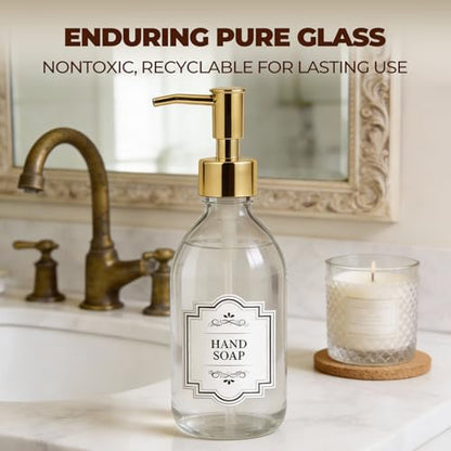 8 oz Clear Glass Pump Bottle, 250ml Small Lotion Dispenser Bottle for Body Massage Oil, Refillable Empty Hand and Dish Soap Dispensers Set with Plastic Golden Pump, Labels - 2 Pack - color: Clear With Golden Pump