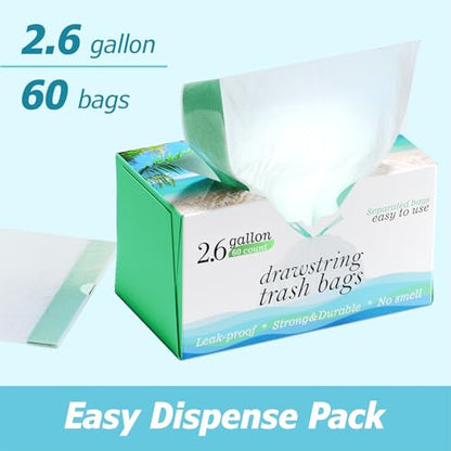 2.6 Gallon Drawstring Trash Bags - 0.43 Mil Strong - Small Garbage Bags - for Office Bathroom Kitchen - Individual, Unscented, White, 17" x 17", 60 Count - size: 60 Count (Pack of 1)