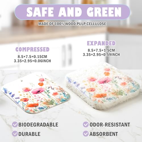 Hahafelt 36 Counts Compressed Cellulose Sponges Bulk Cute Wildflower Pop up Sponges Natural Compostable Non Scratch Dish Kitchen Gifts for Washing Dishes, Travel Cleaning Countertop Sink - style: Wildflower