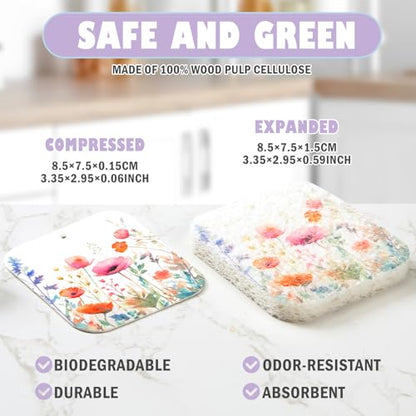 Hahafelt 36 Counts Compressed Cellulose Sponges Bulk Cute Wildflower Pop up Sponges Natural Compostable Non Scratch Dish Kitchen Gifts for Washing Dishes, Travel Cleaning Countertop Sink - style: Wildflower