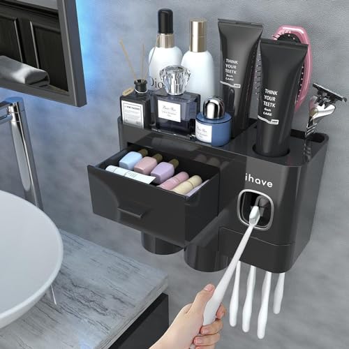 iHave Toothbrush Holders for Bathrooms, 2 Cups Toothbrush Holder Wall Mounted with Toothpaste Dispenser - Large Capacity Tray, Cosmetic Drawer - Tooth Brushing Holder & Bathroom Accessories - color: Black, size: 2 cup