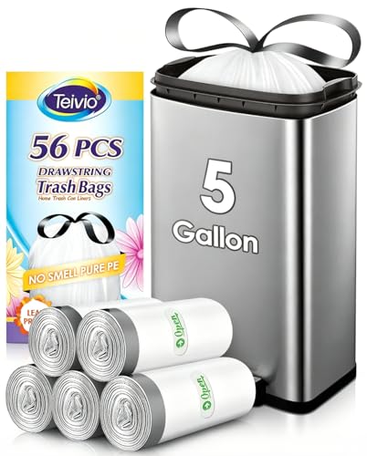 Teivio 5 Gallon 56pcs Strong Drawstring Trash Bags Garbage Bags, Small Plastic Bags for home kitchen office ， Bathroom Trash Can Bin Liners,White - style: 56-5Gallon-White