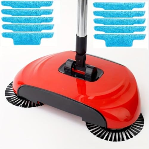 Manual Carpet Sweeper - 3-in-1 Hand Push Floor Cleaner with 360° Rotating Mop, Dustpan & Trash Bin for Hardwood and Ceramic Tile Cleaning - color: Bright Red