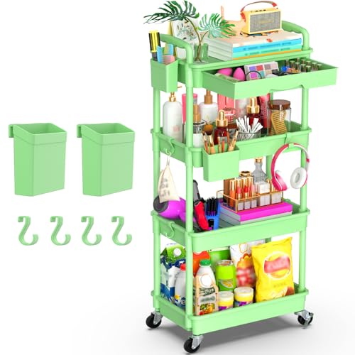 Goovilla 4 Tier Rolling Utility Cart Organizer with Removable Drawer, Stable and Sturdy Green Rolling Storage Carts with 2 Lockable Wheels for Bathroom, Kitchen, Snack, Craft, Makeup, Baby Essentials - size: 4 Tier, style: Green