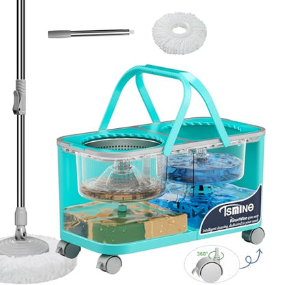2026 Upgraded Easy-Use Spin Mop for Cleaner, Clean & Dirty Water Separation Mop Bucket for Pet & Family Homes,360° Swivel Wheels, Safe for Hardwood & Tile, Adjustable Handle,1 Reusable Mop Heads - size: RinseWise Spin Mop Bucket + 1 Extra Refill