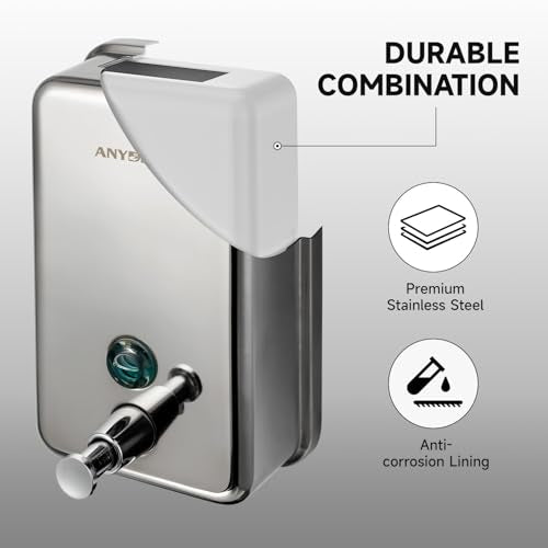 anydry Commercial Soap Dispenser Wall Mount, Polished Stianless Steel Finish Manual Liquid Soap Dispenser - 37oz (1100ml) Model AD1003 - color: Polished