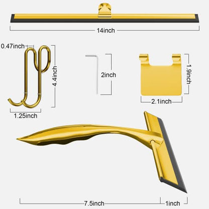 TOOVEM 14 Inch Shower Squeegee for Glass Doors, Window, Bathroom, Car Windshield, Shower Cleaning Tools with S Hook, Square Sticky Hook (Gold) - style: Gold 14 inch