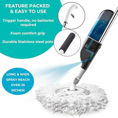 True & Tidy Clean Everywhere Spray Mop Kit - Premium Floor Cleaner with Flat, Round, and Squeegee Mop Heads (White) - color: White
