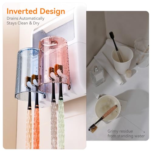 Toothbrush Holder Wall Mounted with Automatic Toothpaste Dispenser, Dustproof Flip Cover and Inverted Cup Slots, Multi-Functional No-Drill Bathroom Organizer for Family, Space Saver (2 Cups) - color: 2 Cups