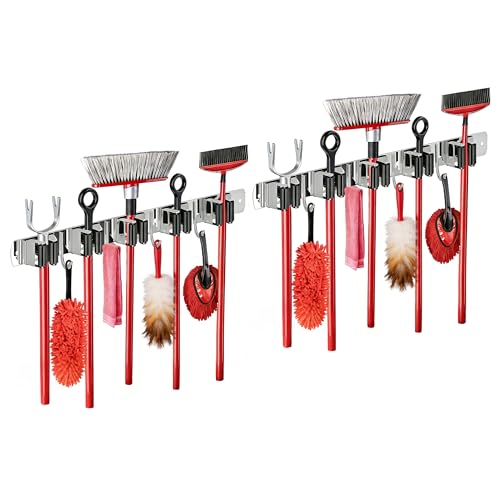 2 Packs 5 Racks and 4 Hooks Mop and Broom Holder Wall Mount, SUS304 Heavy Duty Broom Organizer Storage Tool Racks, Self Adhesive Solid Non-slip Tool Hangers for Home Kitchen Garden Laundry Garage - color: 5 Racks & 4 Hooks (Silver) - 2 Pack
