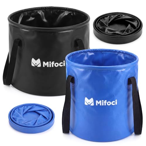 Mifoci 2 Pcs Collapsible Bucket 5 Gallon and 8 Gallon with Handle Portable Foldable Bucket for Camping Fishing Sturdy Leakproof Collapsible Cleaning Buckets for Car Wash RV Outdoor (Black,Dark Blue)