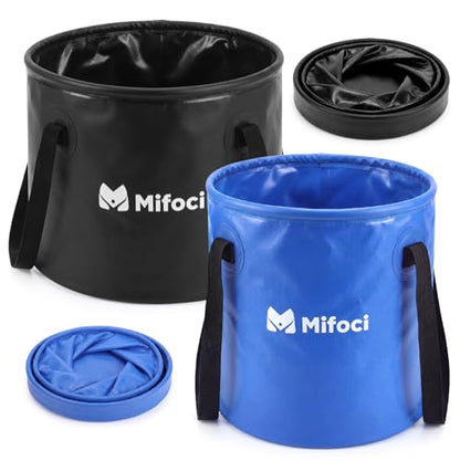 Mifoci 2 Pcs Collapsible Bucket 5 Gallon and 8 Gallon with Handle Portable Foldable Bucket for Camping Fishing Sturdy Leakproof Collapsible Cleaning Buckets for Car Wash RV Outdoor (Black,Dark Blue)