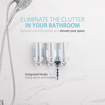 Better Living Aviva Shower Dispenser 3 Chamber,Wall Mount Shower Soap Dispenser for Bathroom Hotel Body Wash,Built-in Hooks,No Drill,Waterproof Shampoo Soap-Dispenser,3 x11 oz,Satin Silver,(Pack of 6) - color: Satin Silver, size: 3-Chamber (Pack of 6)